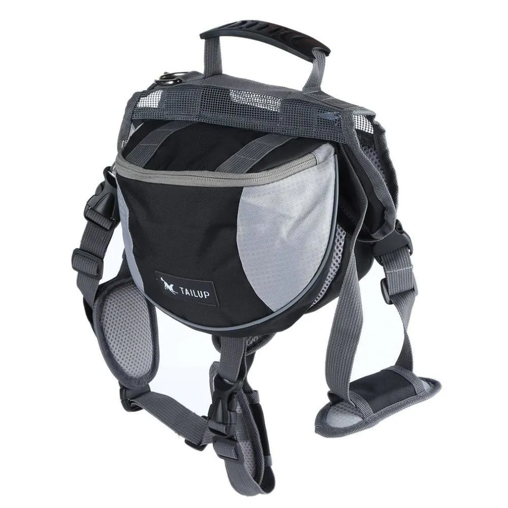 Black dog hiking pack with reflective tape and adjustable neck straps on Siberian Husky outdoors