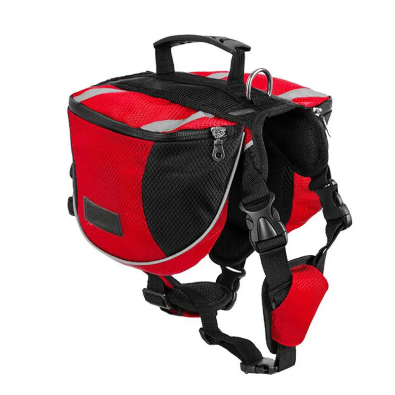 Black dog hiking pack with reflective tape and adjustable neck straps on Siberian Husky outdoors