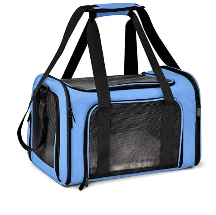 Pet travel backpack made of cationic linen fabric in blue colour, 44x28x28cm size for cats and small dogs