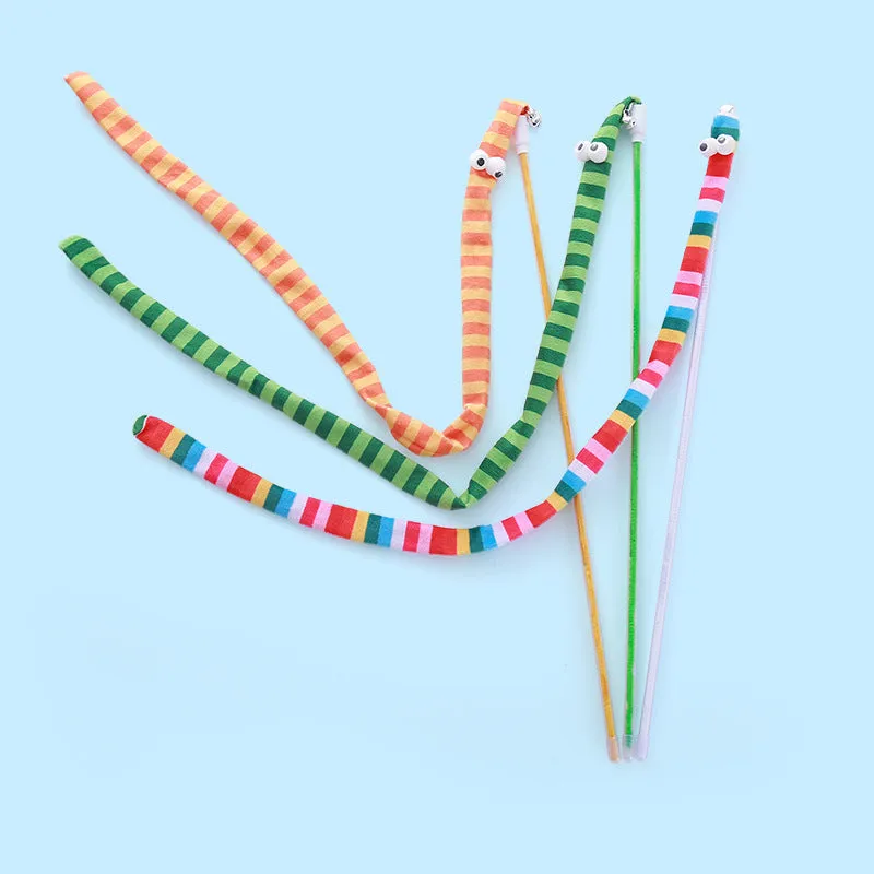 Cat wand teaser toy with a polycarbonate handle and a long green plush strip with a bell.