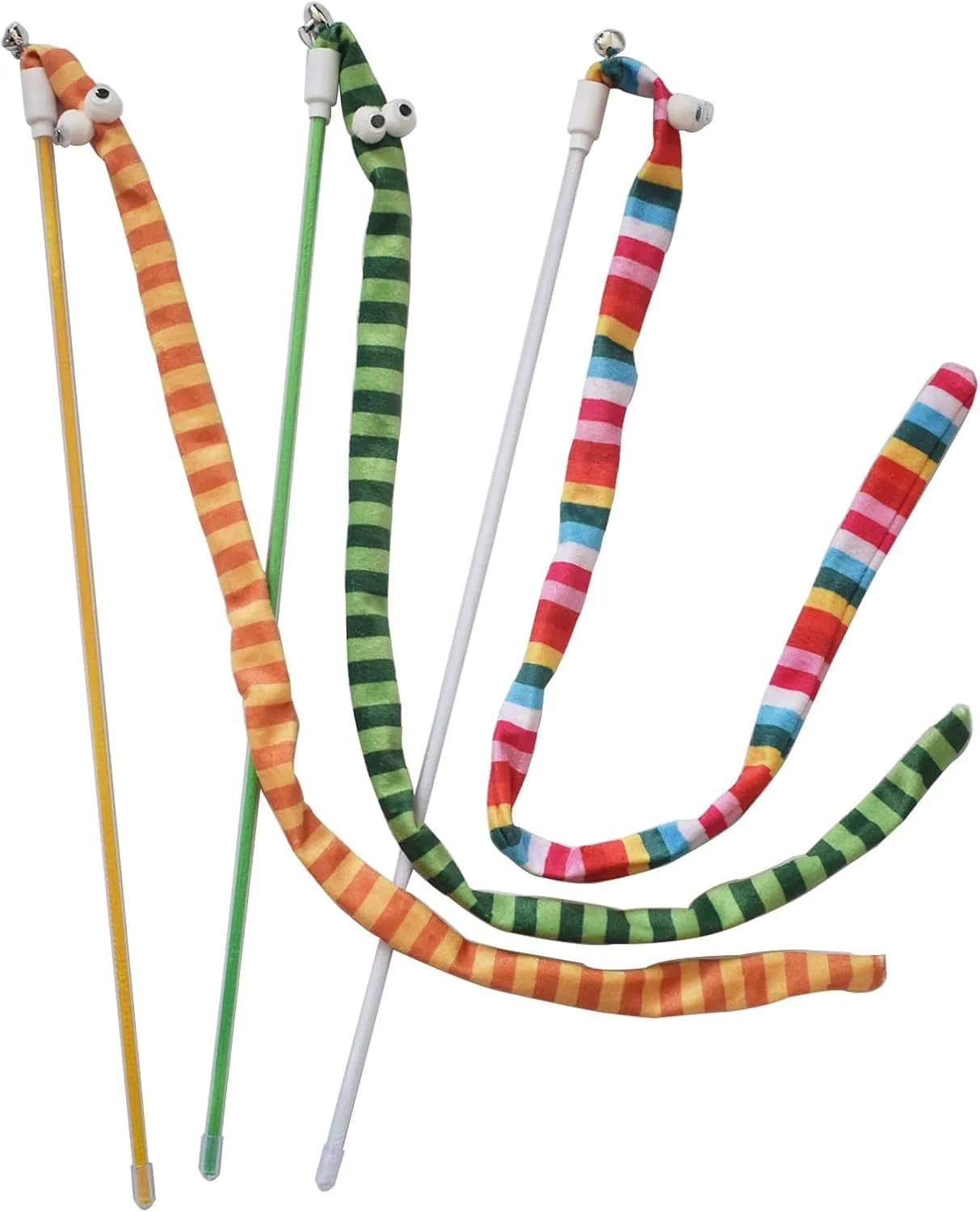 Cat wand teaser toy with a polycarbonate handle and a long green plush strip with a bell.