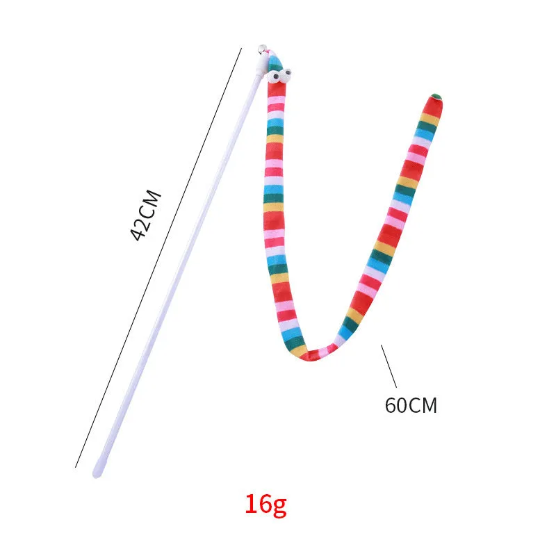 Cat wand teaser toy with a polycarbonate handle and a long green plush strip with a bell.