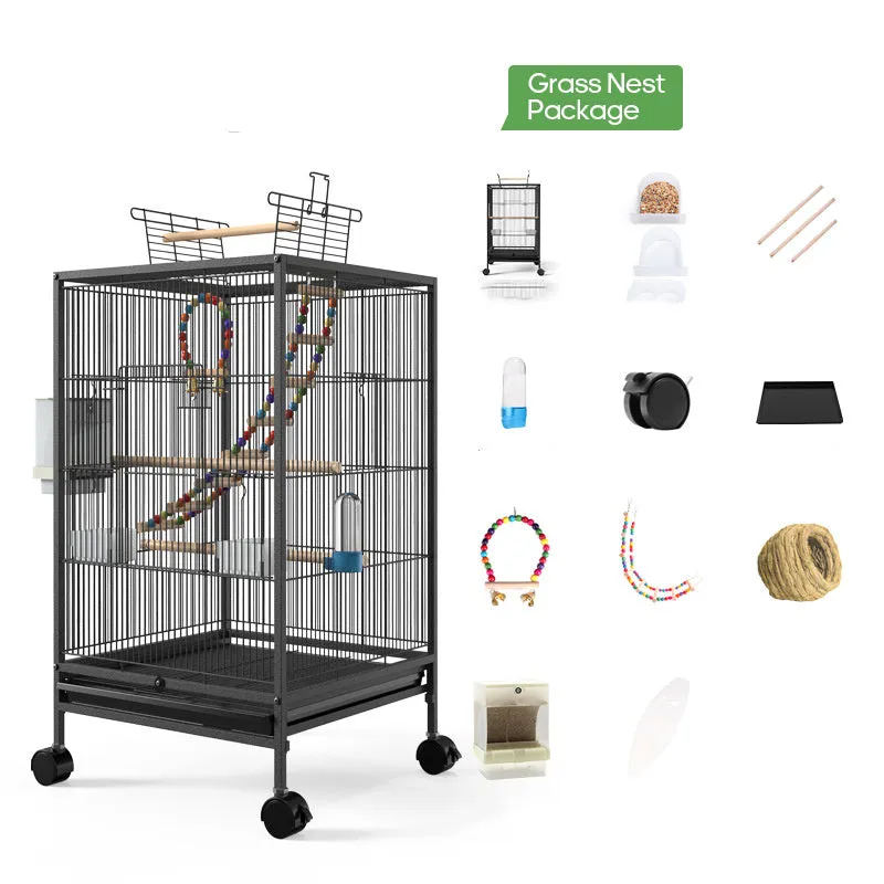 Parrot Xuanfeng large bird cage in black with feeder toy and grass nest breeding box metal construction
