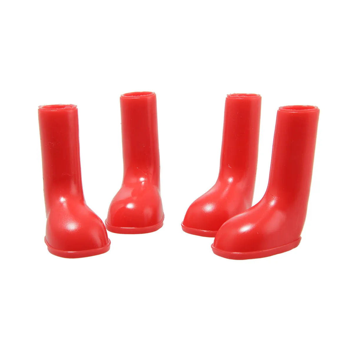 Cowboy-style waterproof TPR rain shoes for pets in red colour, with non-slip sole, on a dog's paws