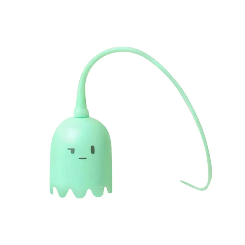 Green automatic cat toy with swinging silicone tails on 38cm wand for indoor feline play
