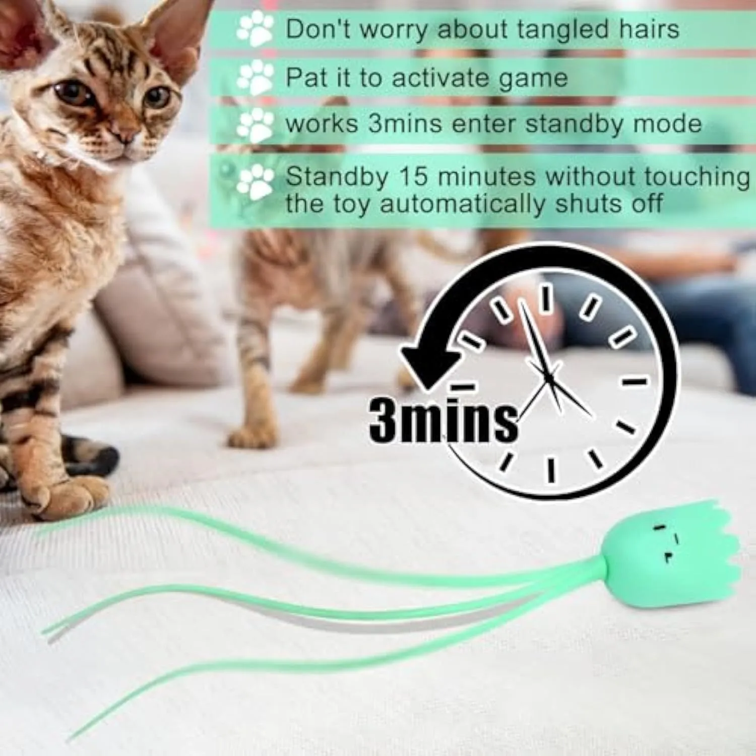 Green automatic cat toy with swinging silicone tails on 38cm wand for indoor feline play
