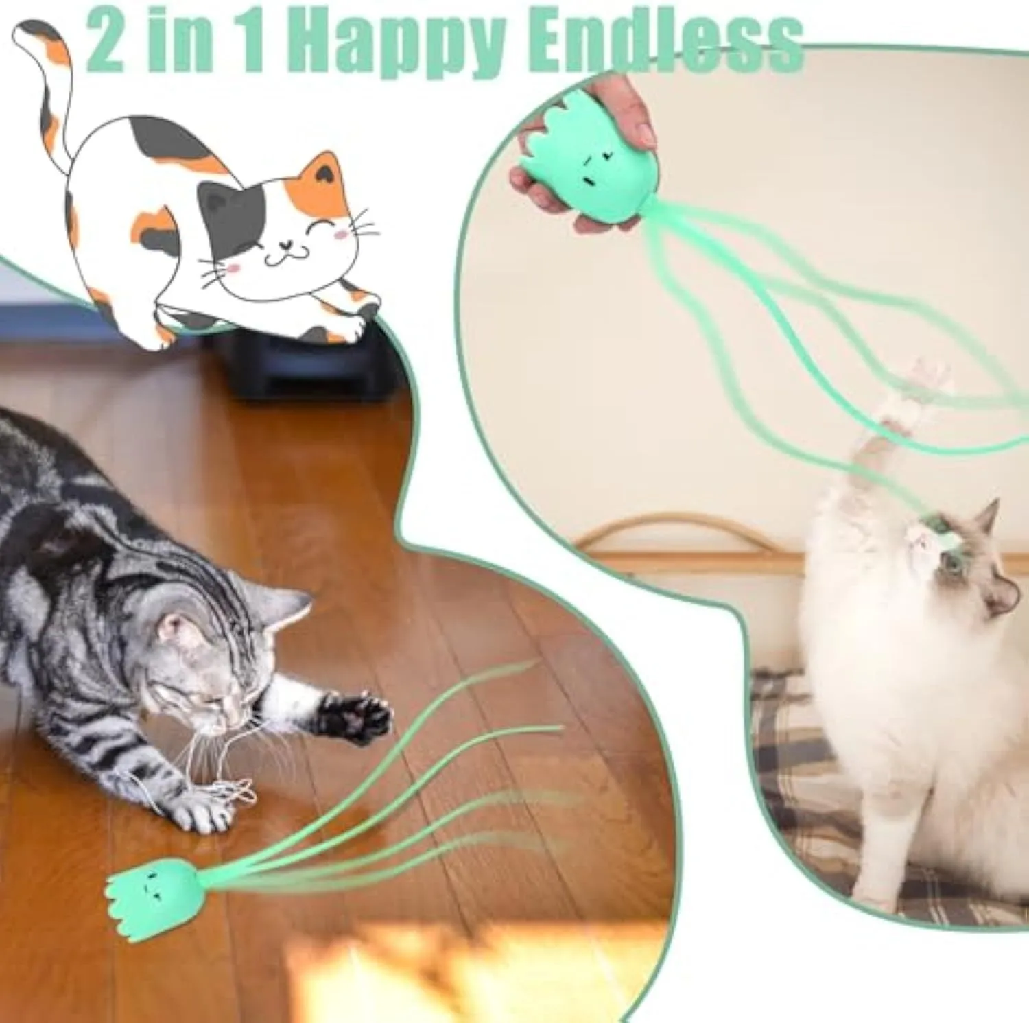 Green automatic cat toy with swinging silicone tails on 38cm wand for indoor feline play