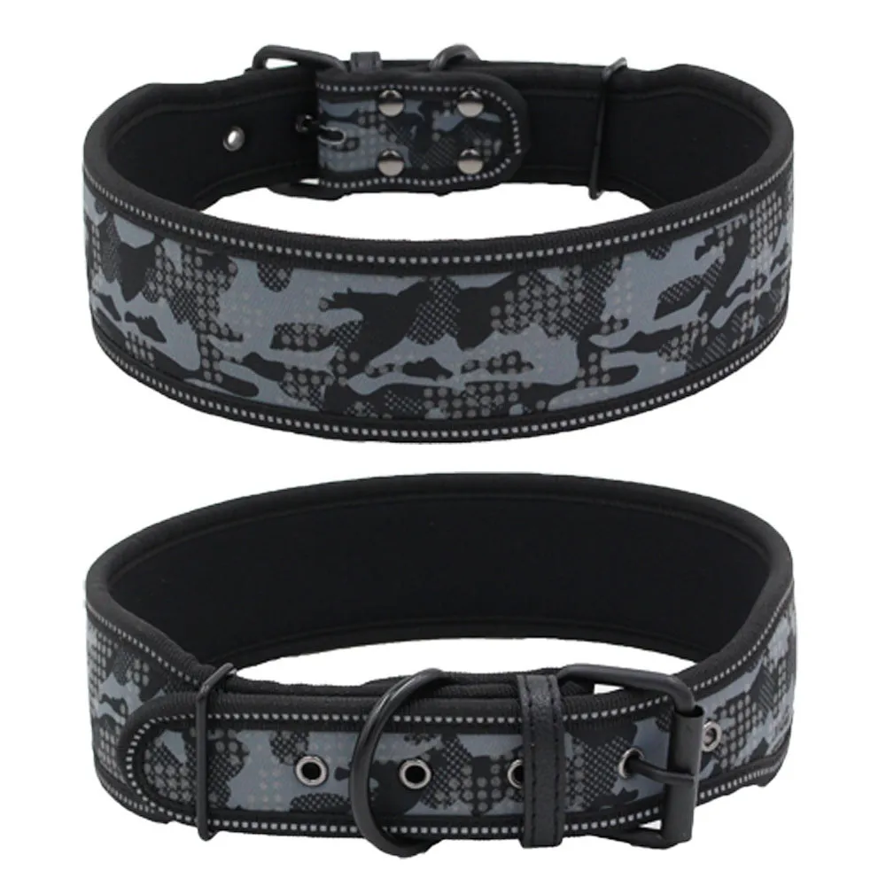 Reflective camouflage nylon dog collar in blue on a light background showing three size options