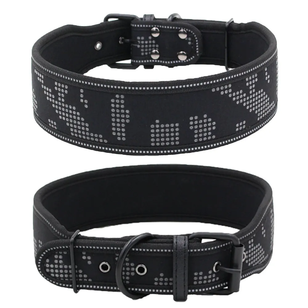Reflective camouflage nylon dog collar in blue on a light background showing three size options