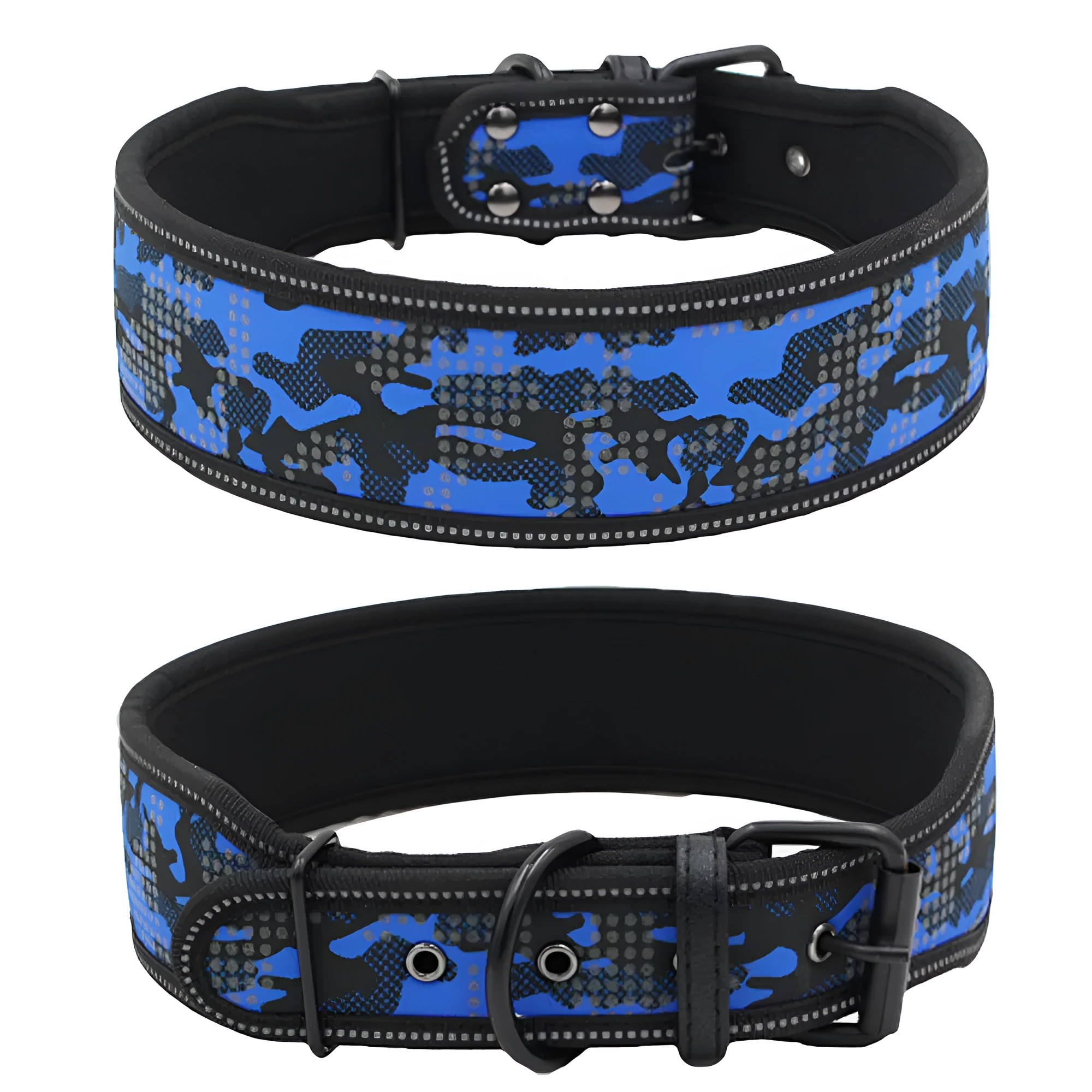 Reflective camouflage nylon dog collar in blue on a light background showing three size options