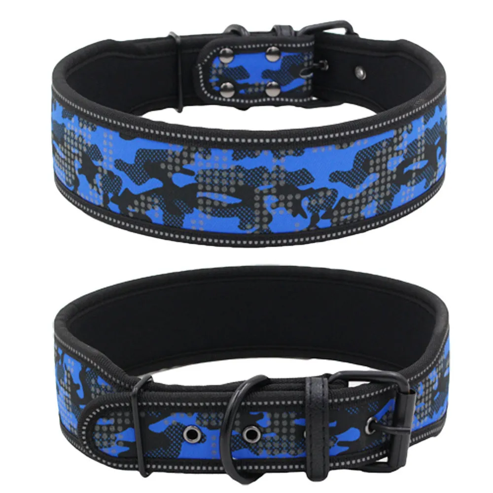 Reflective camouflage nylon dog collar in blue on a light background showing three size options