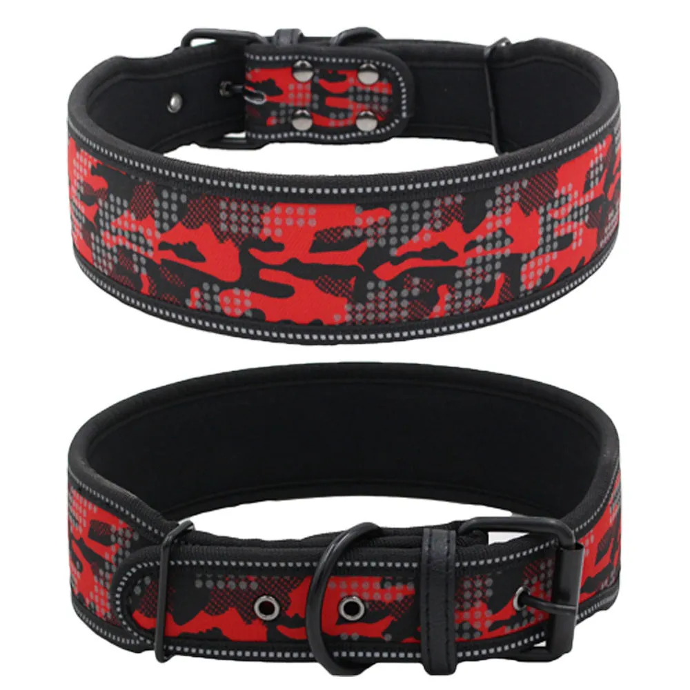 Reflective camouflage nylon dog collar in blue on a light background showing three size options