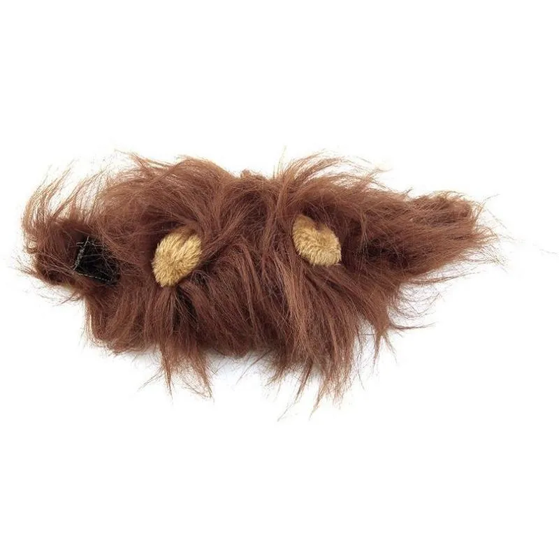 Small dog wearing a funny lion mane pet hat in brown colour, showing ears and head cap