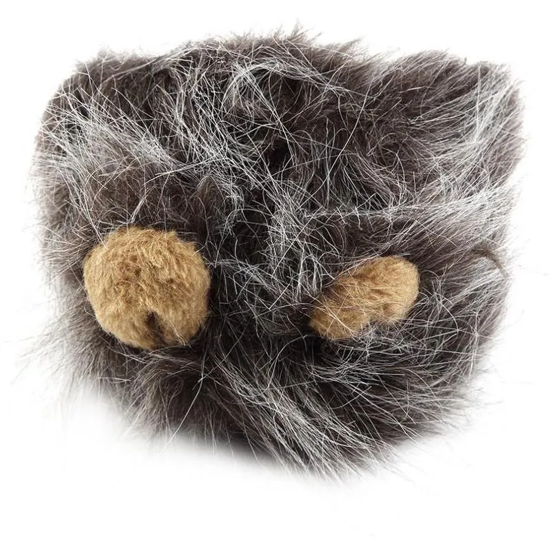 Small dog wearing a funny lion mane pet hat in brown colour, showing ears and head cap