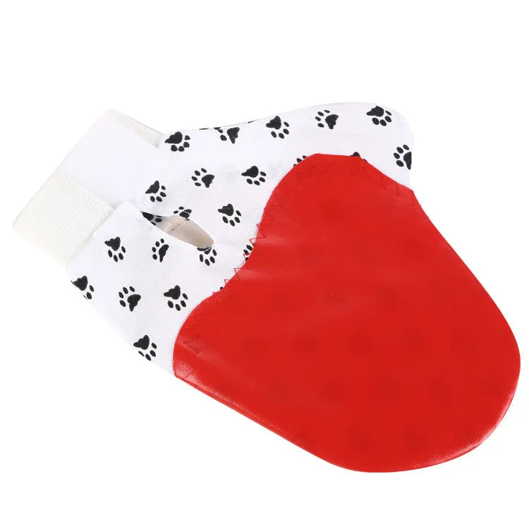 White silicone pet brush glove for deshedding and grooming cats and dogs, size 25 by 17 cm