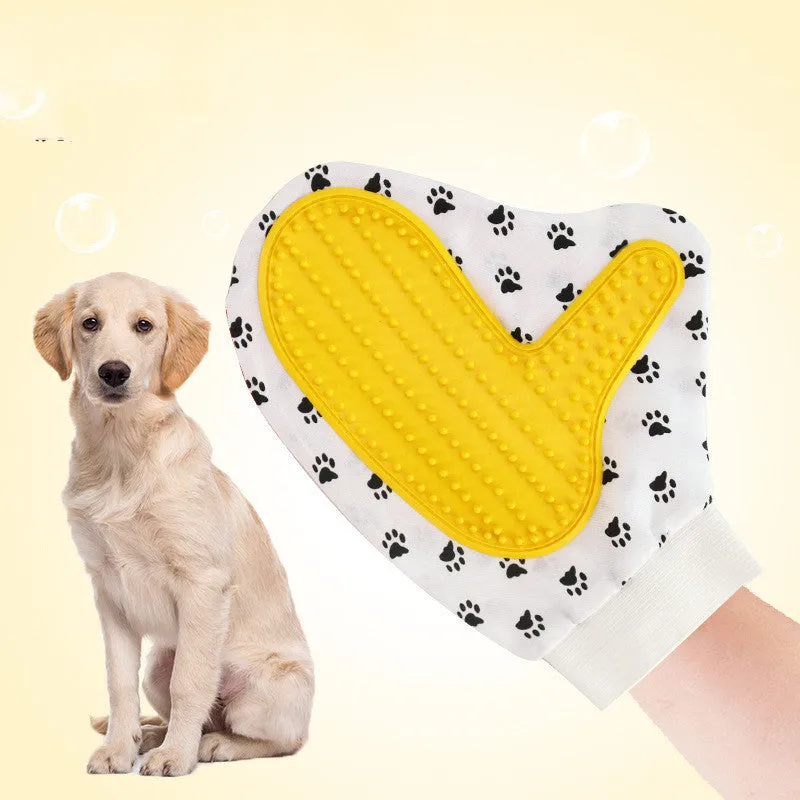 White silicone pet brush glove for deshedding and grooming cats and dogs, size 25 by 17 cm
