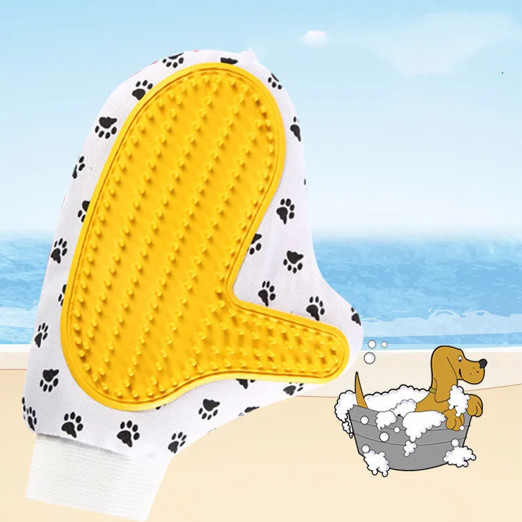 White silicone pet brush glove for deshedding and grooming cats and dogs, size 25 by 17 cm