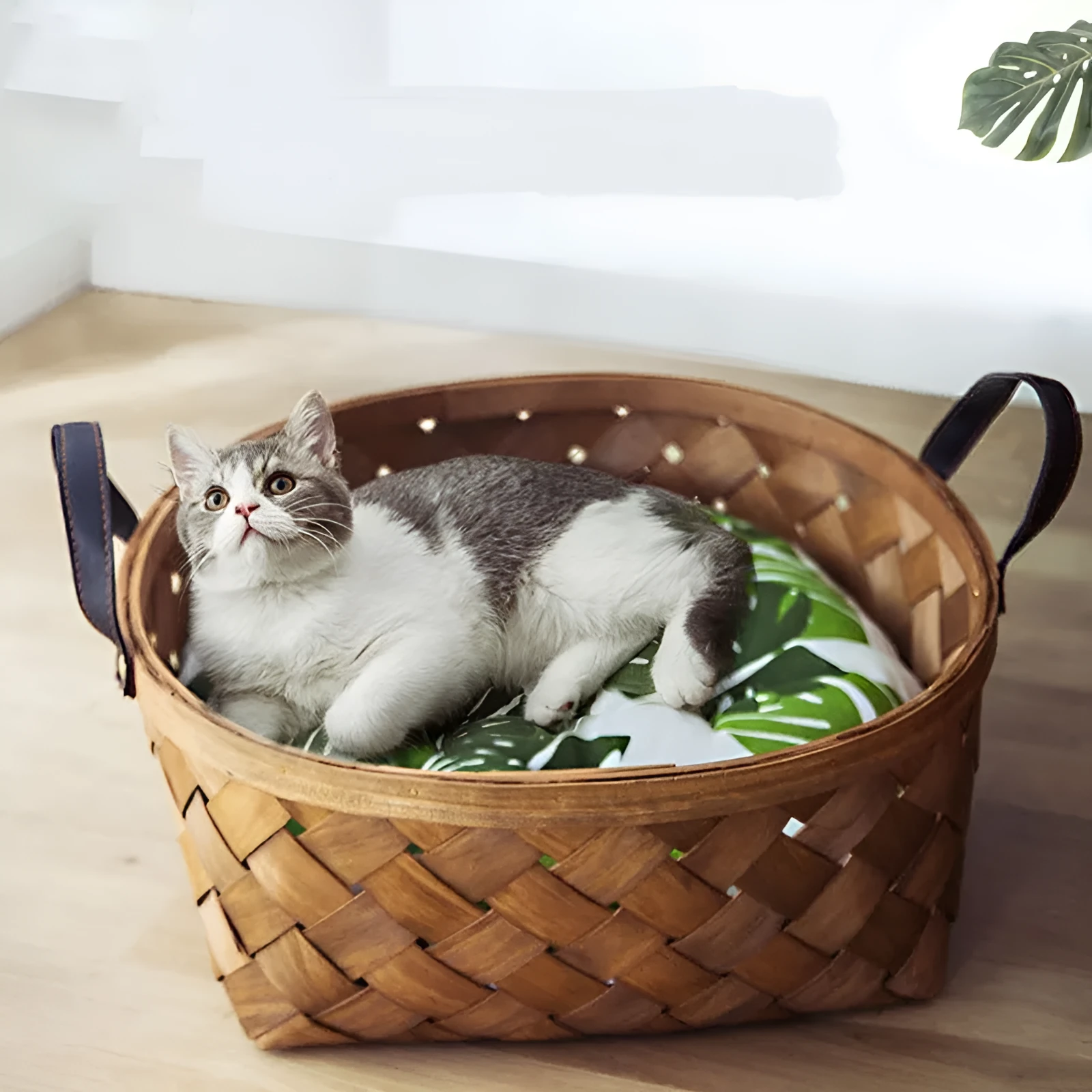 Hand-woven bamboo rattan cat bed with cushion, three sizes available