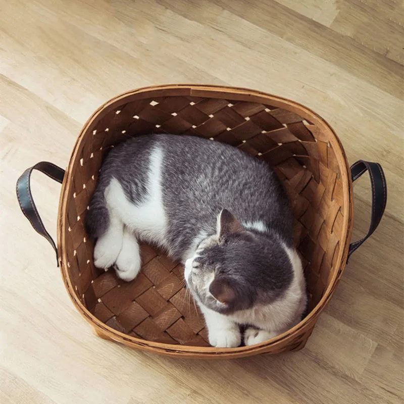 Hand-woven bamboo rattan cat bed with cushion, three sizes available