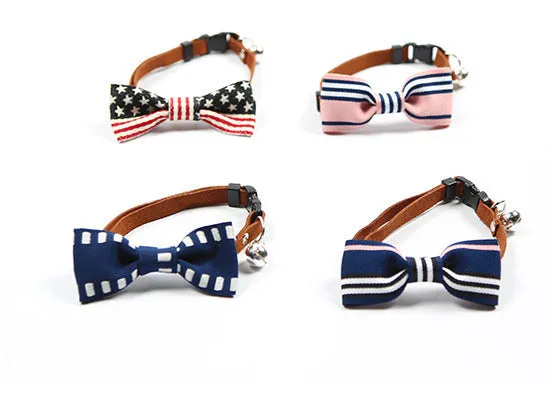 Pet tie in Blue Lattices pattern on a small dog wearing a collar
