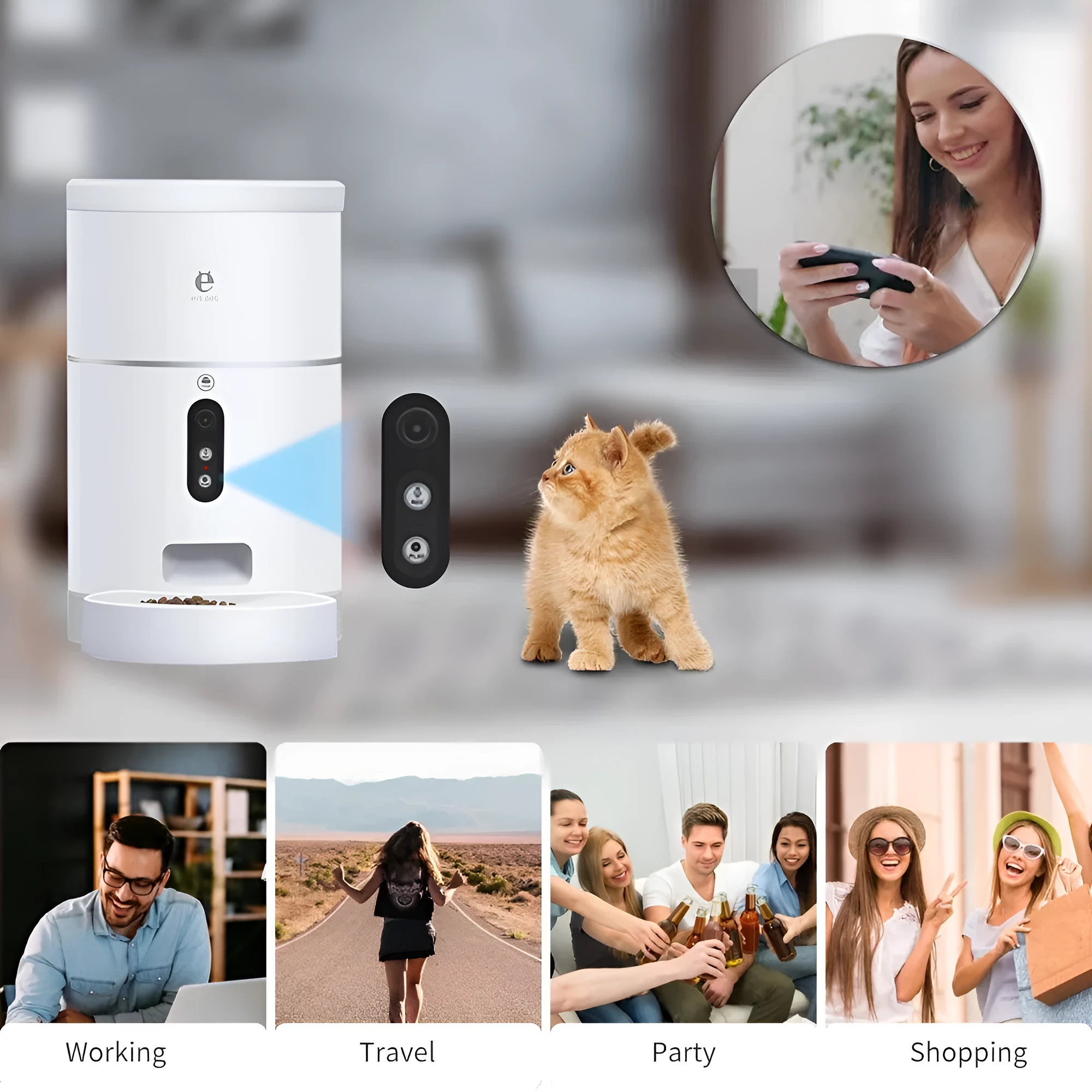 White ABS automatic pet feeder with 1080P camera, 4L capacity, and desiccant box for dry food