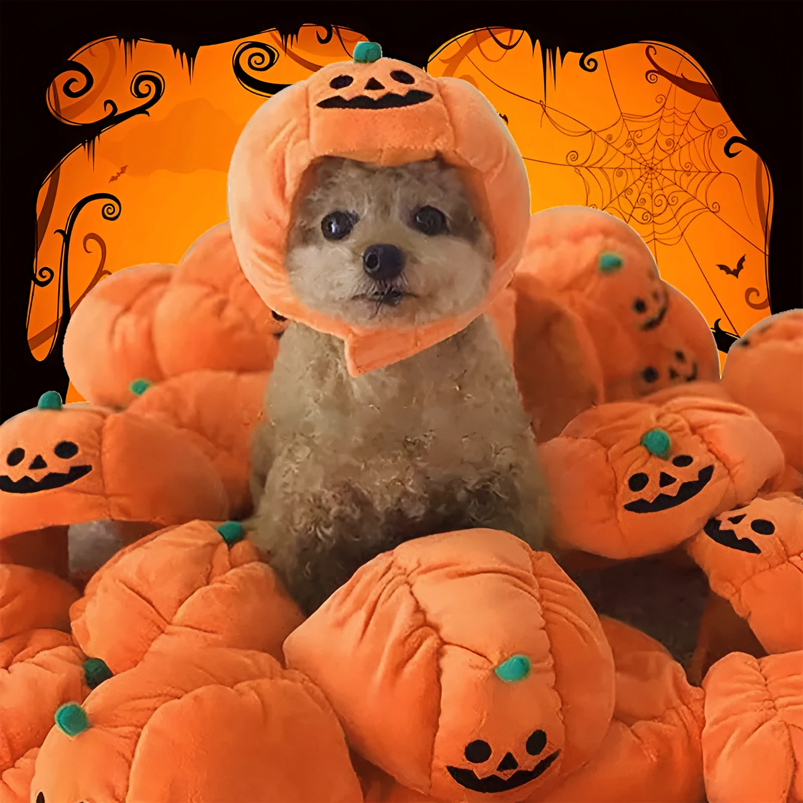 Pet Halloween funny pumpkin hat in orange polyester, large size 42cm length, for dogs or cats