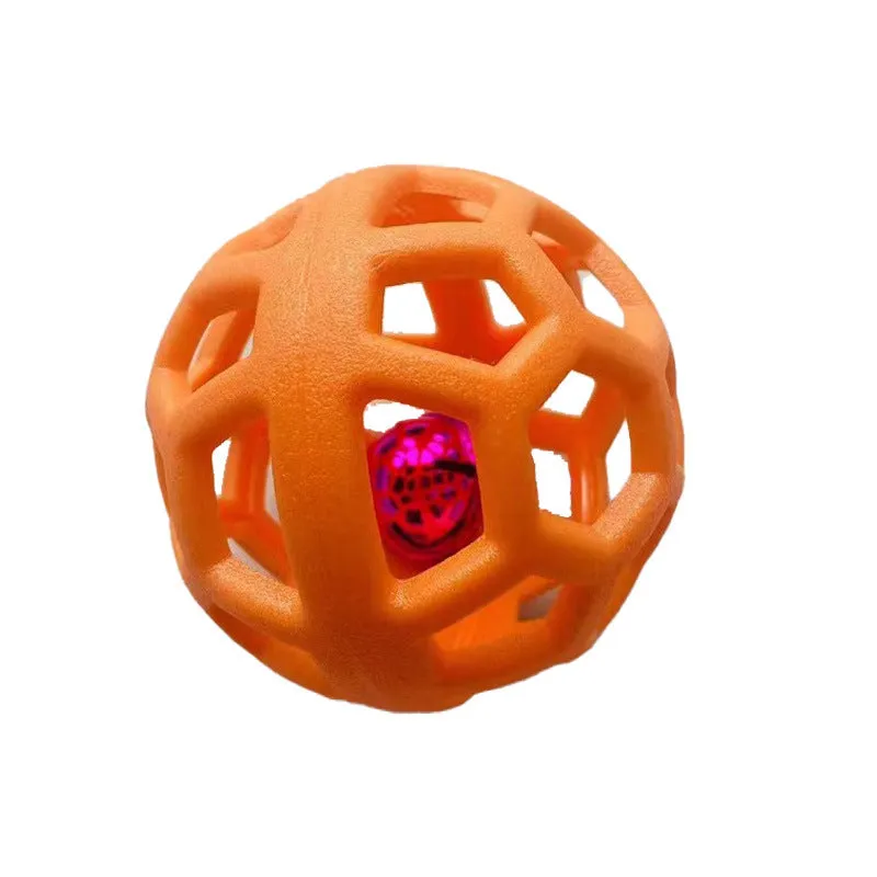 Orange TPR dog chew ball toy 9cm diameter with bell on white background