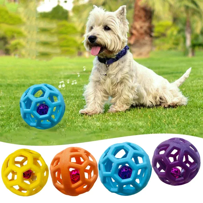 Orange TPR dog chew ball toy 9cm diameter with bell on white background