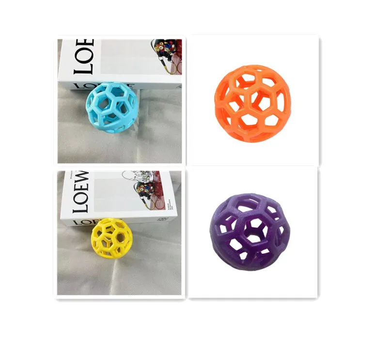 Orange TPR dog chew ball toy 9cm diameter with bell on white background
