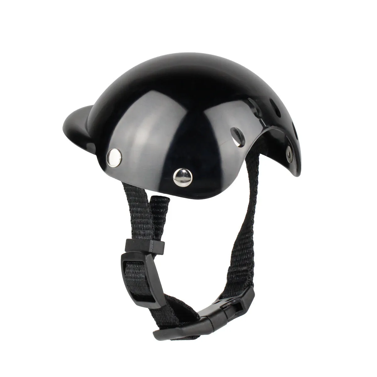 Black pet motorcycle helmet for dog or cat with adjustable strap on a bicycle
