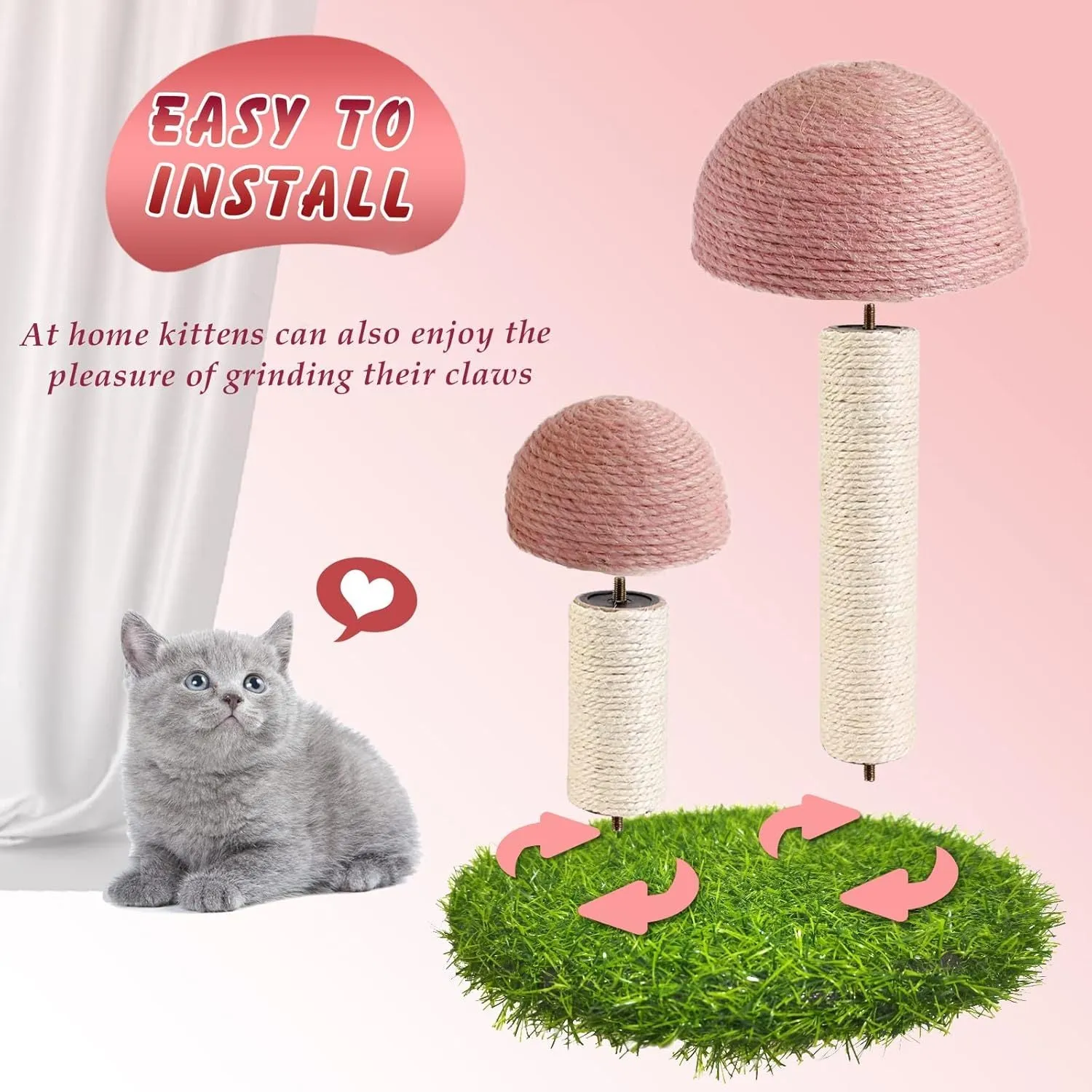 Pink mushroom-shaped cat scratching post with natural sisal caps and pole for small cats