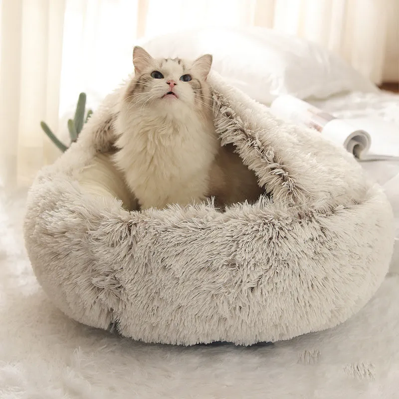 Plush shell pet nest in crystal velvet, round PP cotton cat and dog bed, 50cm diameter, cherry pink colour