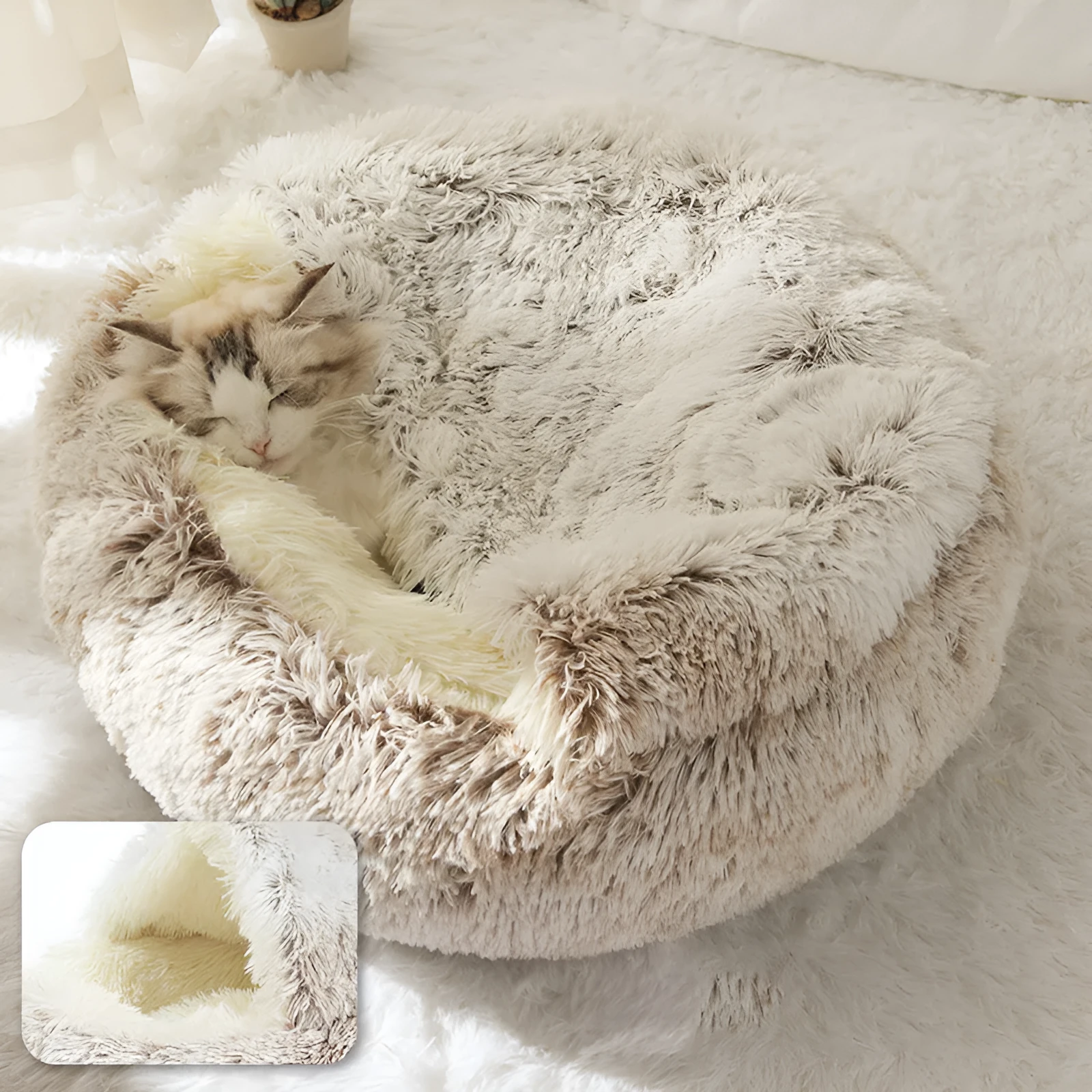 Plush shell pet nest in crystal velvet, round PP cotton cat and dog bed, 50cm diameter, cherry pink colour