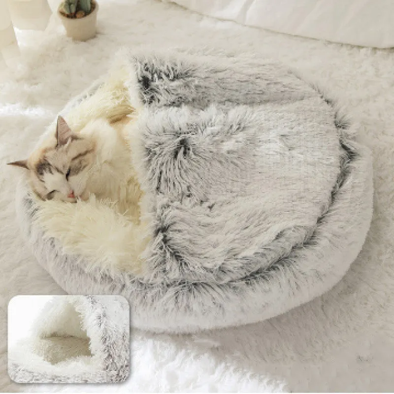 Plush shell pet nest in crystal velvet, round PP cotton cat and dog bed, 50cm diameter, cherry pink colour