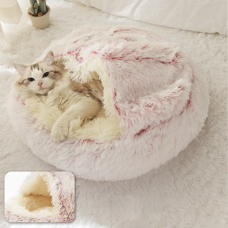 Plush shell pet nest in crystal velvet, round PP cotton cat and dog bed, 50cm diameter, cherry pink colour