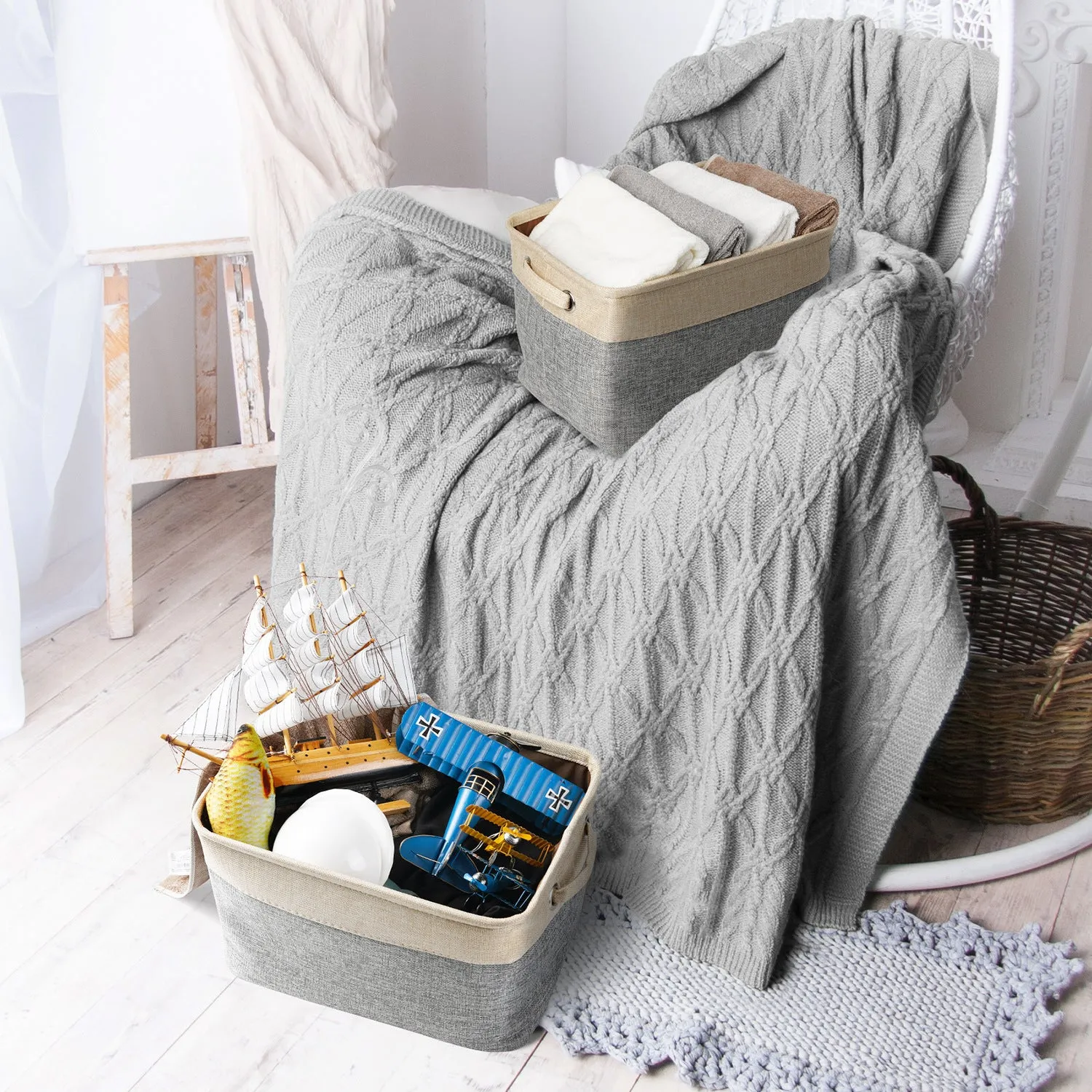 Linen dog toy basket in Japanese style, beige colour, 38x26x24cm, for storing pet toys and small items