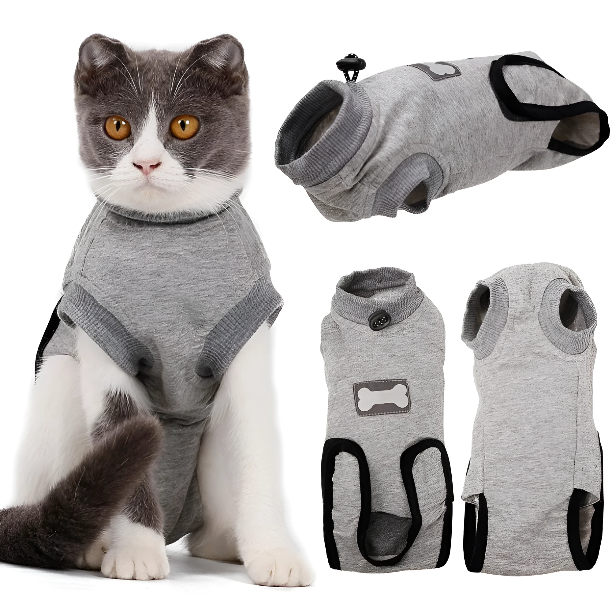Pet cat recovery suit in pure cotton with anti-mite and sterilisation features, available in multiple sizes for small cats