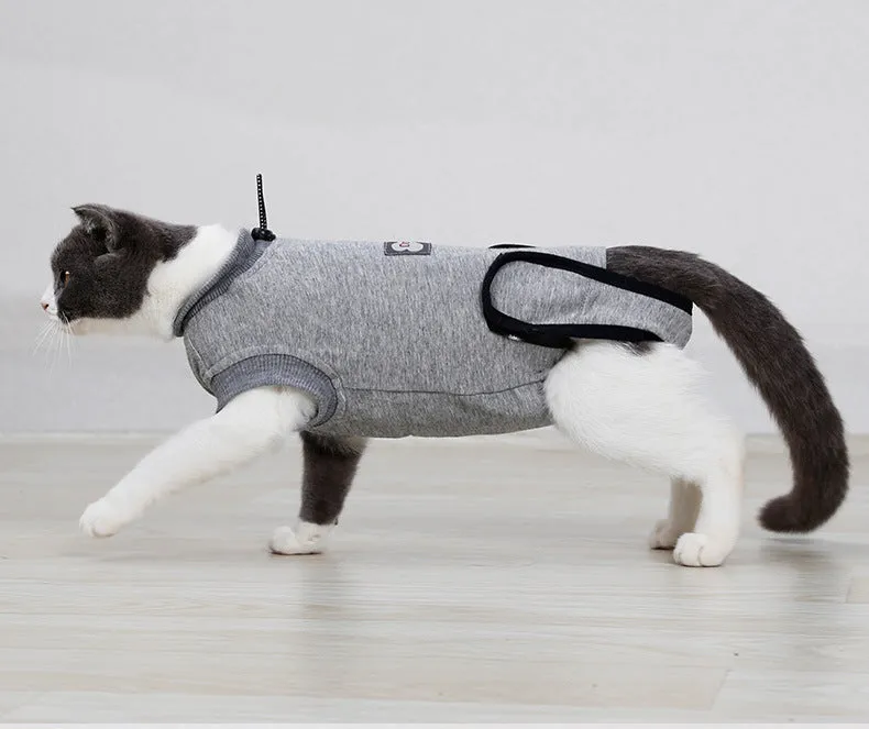 Pet cat recovery suit in pure cotton with anti-mite and sterilisation features, available in multiple sizes for small cats
