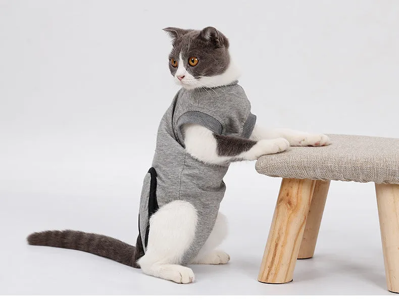 Pet cat recovery suit in pure cotton with anti-mite and sterilisation features, available in multiple sizes for small cats