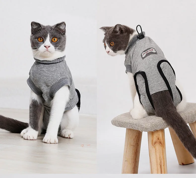 Pet cat recovery suit in pure cotton with anti-mite and sterilisation features, available in multiple sizes for small cats