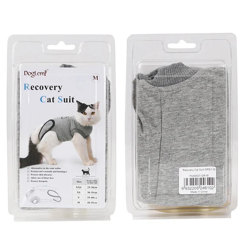 Pet cat recovery suit in pure cotton with anti-mite and sterilisation features, available in multiple sizes for small cats