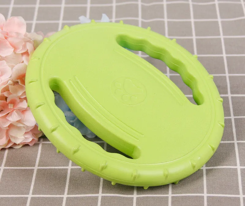 Dog anti-bite training frisbee and interactive bite ring in orange and green plastic sizes medium large trumpet