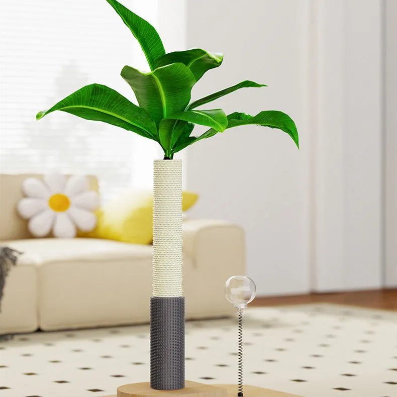 Tall wooden cat scratching post in Canna colour with a grab column and food drop ball attachment.