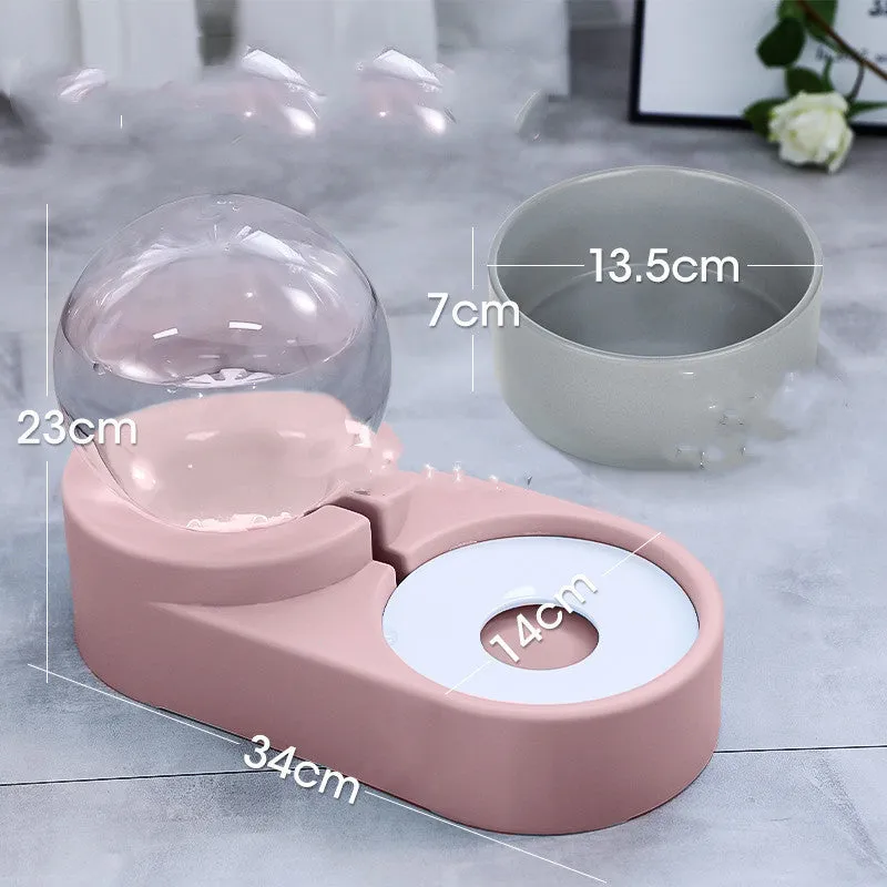 1.8L automatic pet water dispenser and feeding bowl double layer in pink with transparent container