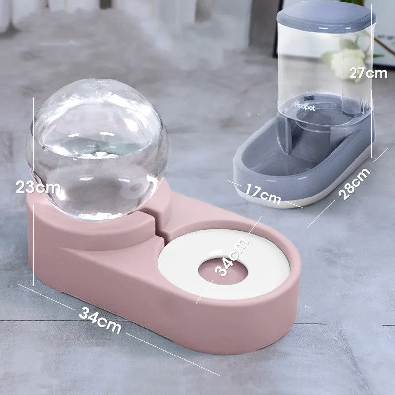1.8L automatic pet water dispenser and feeding bowl double layer in pink with transparent container
