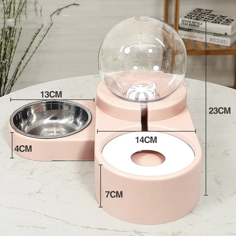 1.8L automatic pet water dispenser and feeding bowl double layer in pink with transparent container