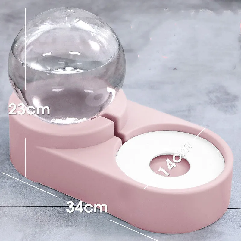 1.8L automatic pet water dispenser and feeding bowl double layer in pink with transparent container
