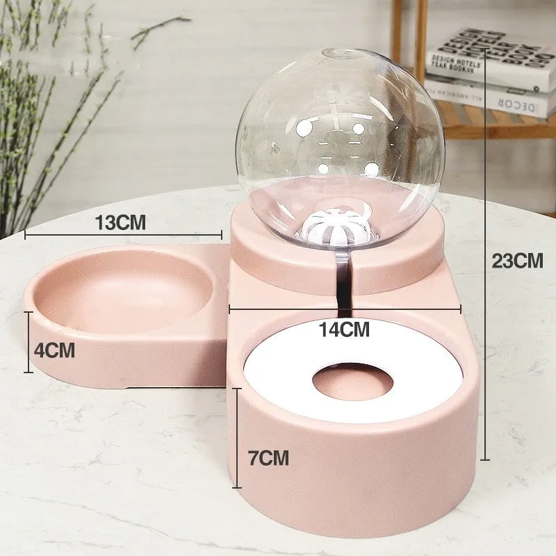 1.8L automatic pet water dispenser and feeding bowl double layer in pink with transparent container