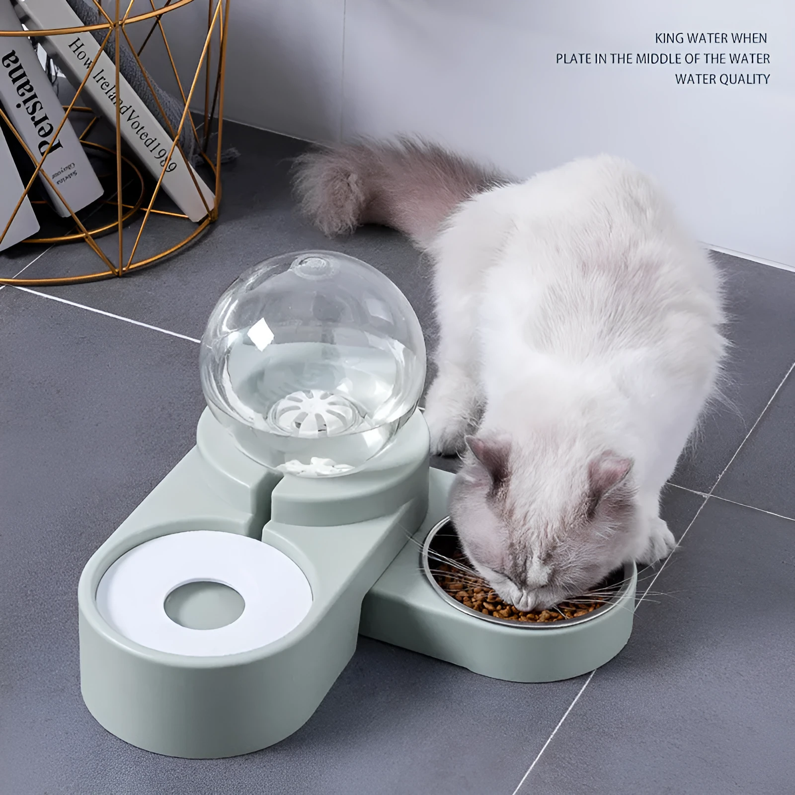 1.8L automatic pet water dispenser and feeding bowl double layer in pink with transparent container