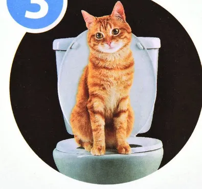 Blue cat toilet trainer with grooved removable trays placed on a white toilet seat
